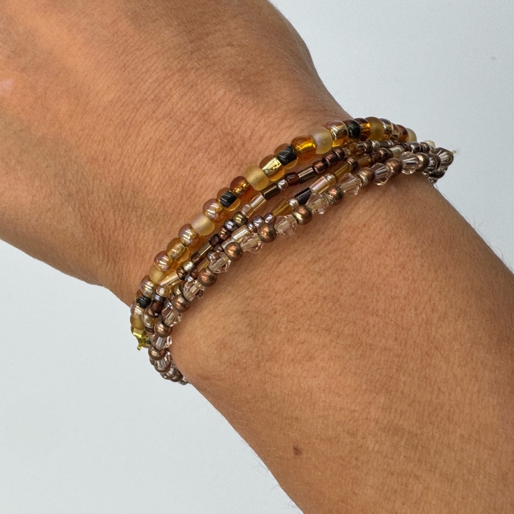 Brown Neutral Beaded Stretch Bracelet Stack‎ Artisan Glass Boho Jewelry
